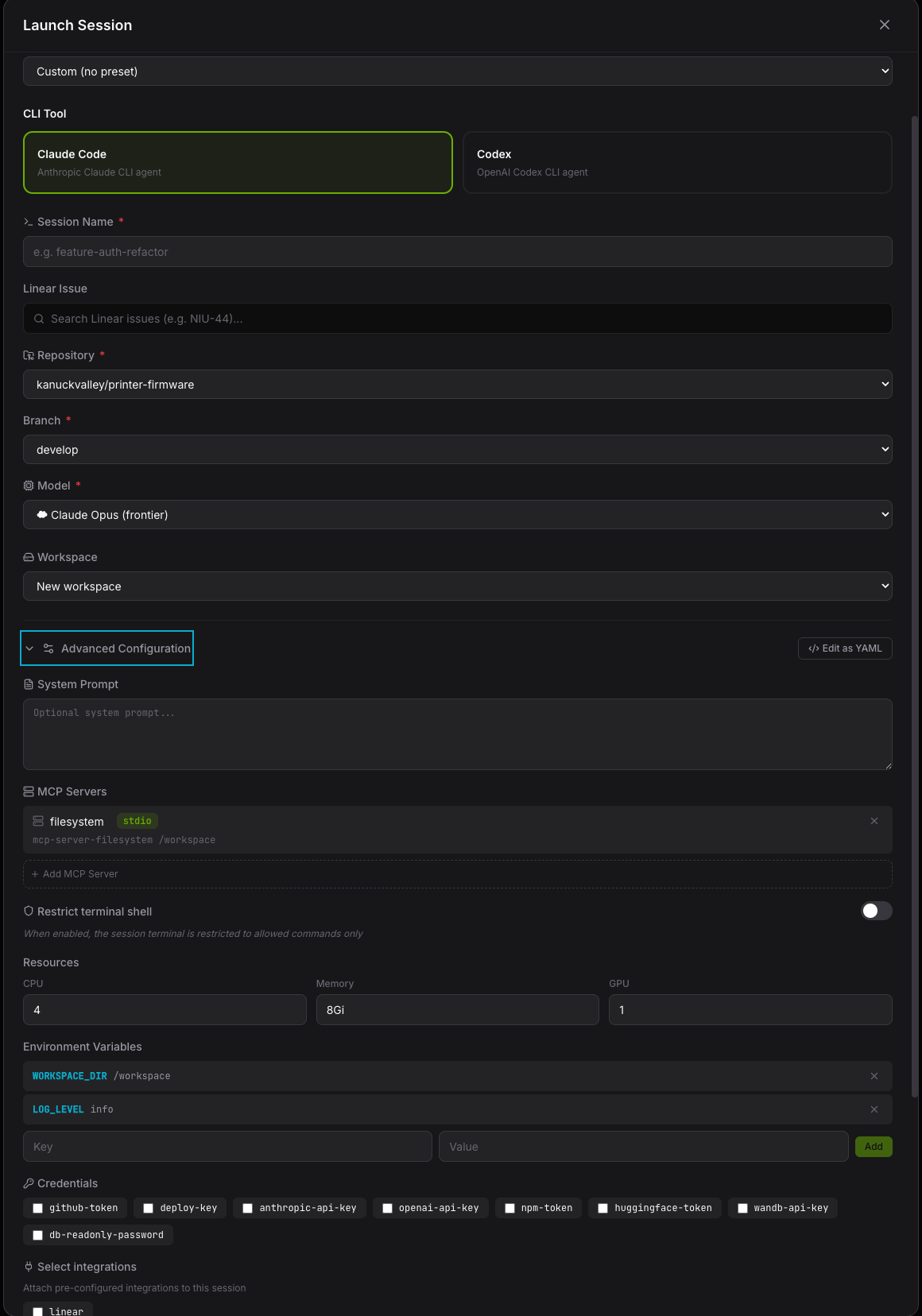 Session configuration
